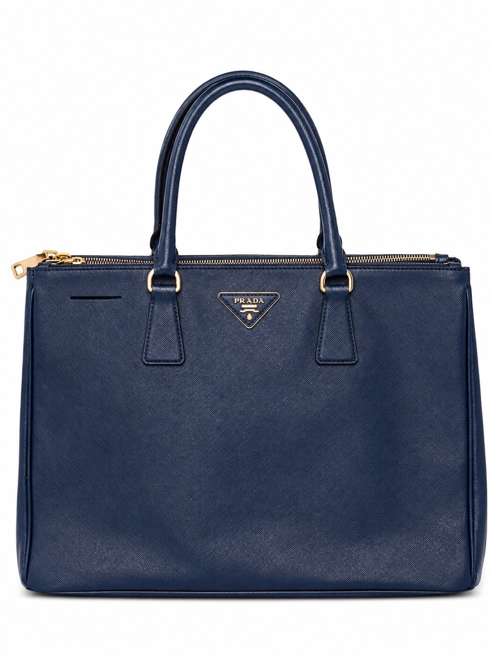 Prada Navy Saffiano Leather Top-Handle Tote with Gold Hardware